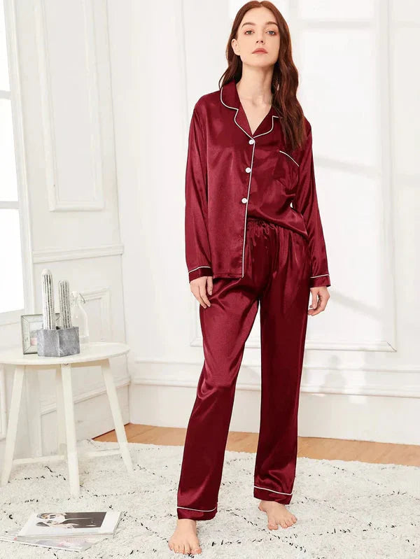 Mahroon 100% Pure Silk Pajama Set | Contrast Piping