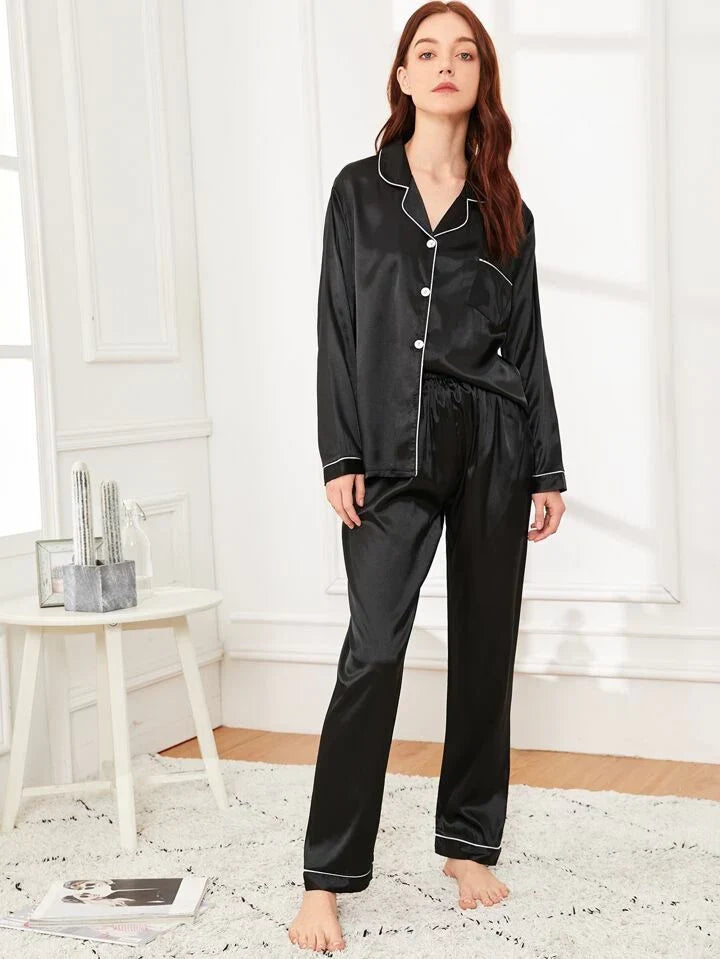 Mahroon 100% Pure Silk Pajama Set | Contrast Piping