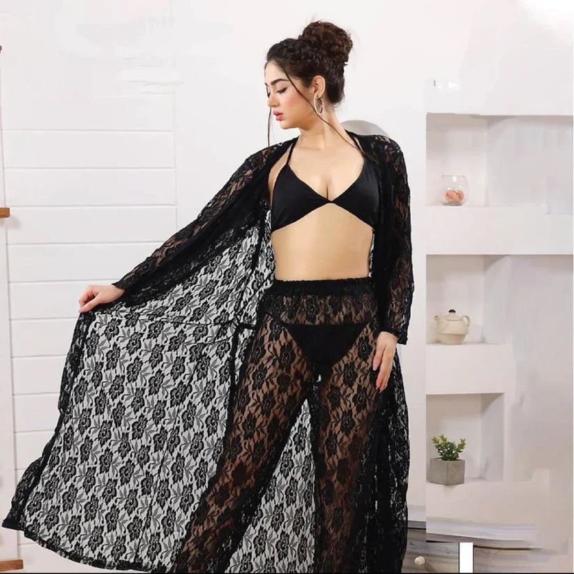 Premium 4-Piece Floral Net Nighty Set