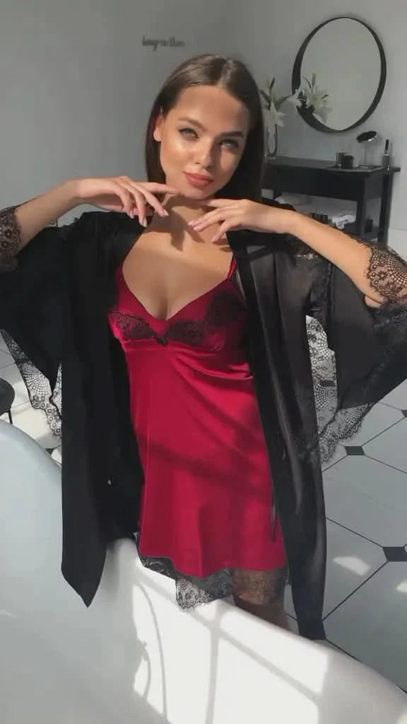 Wine Red 2-Piece Satin Lingerie & Loungewear Set with Black Lace