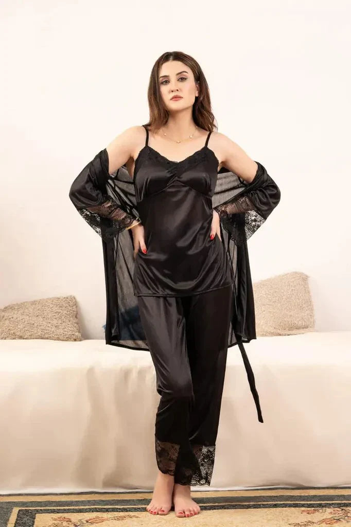 Lace-Trimmed 3 Piece Nightwear Set