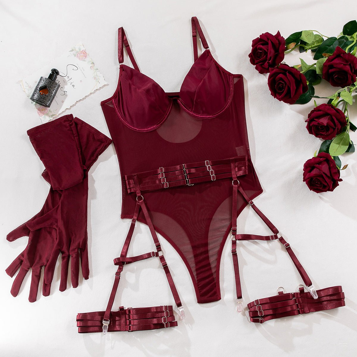 Lace Royalty | Straps Stitching Slim Three-Piece Lingerie Set with Gloves
