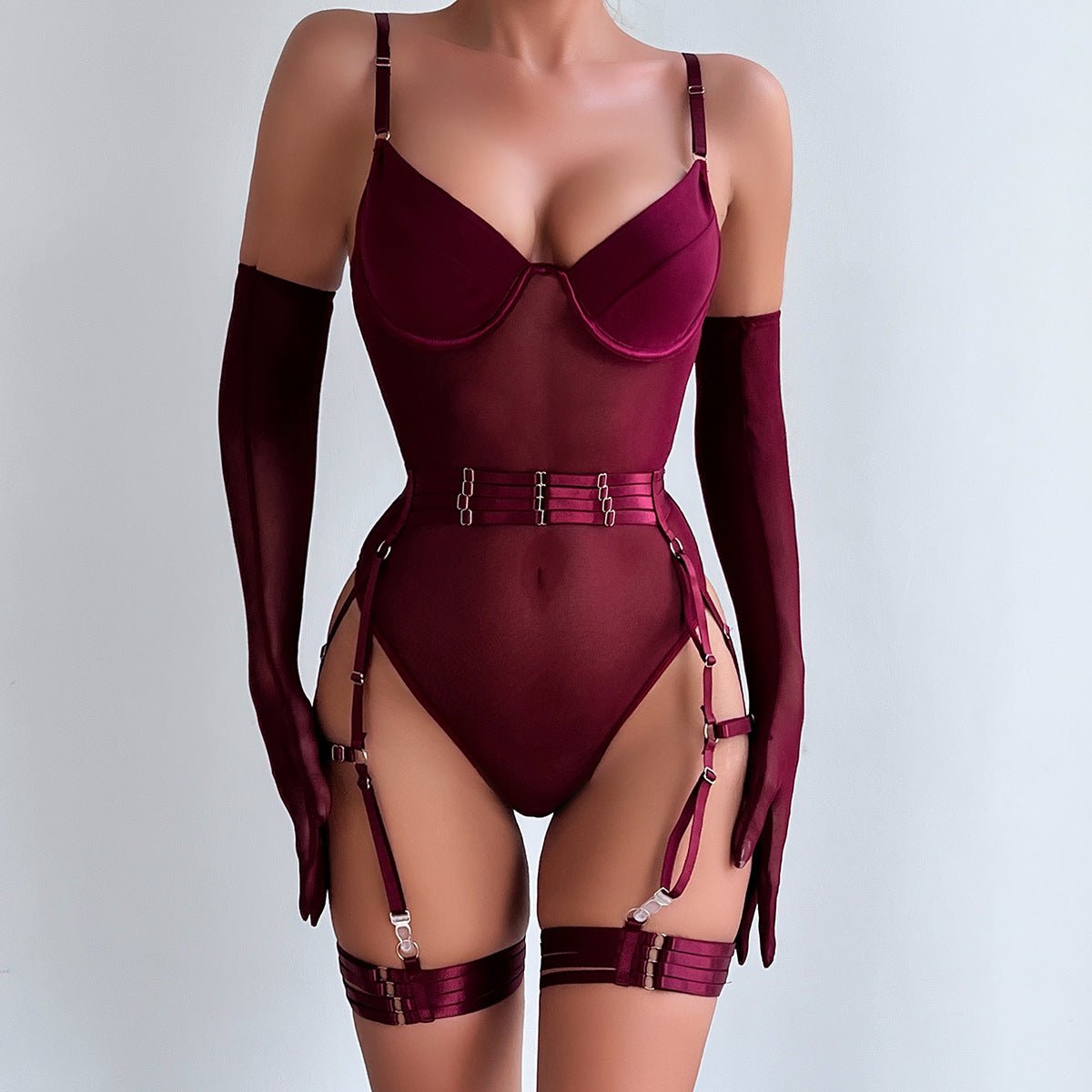 Lace Royalty | Straps Stitching Slim Three-Piece Lingerie Set with Gloves